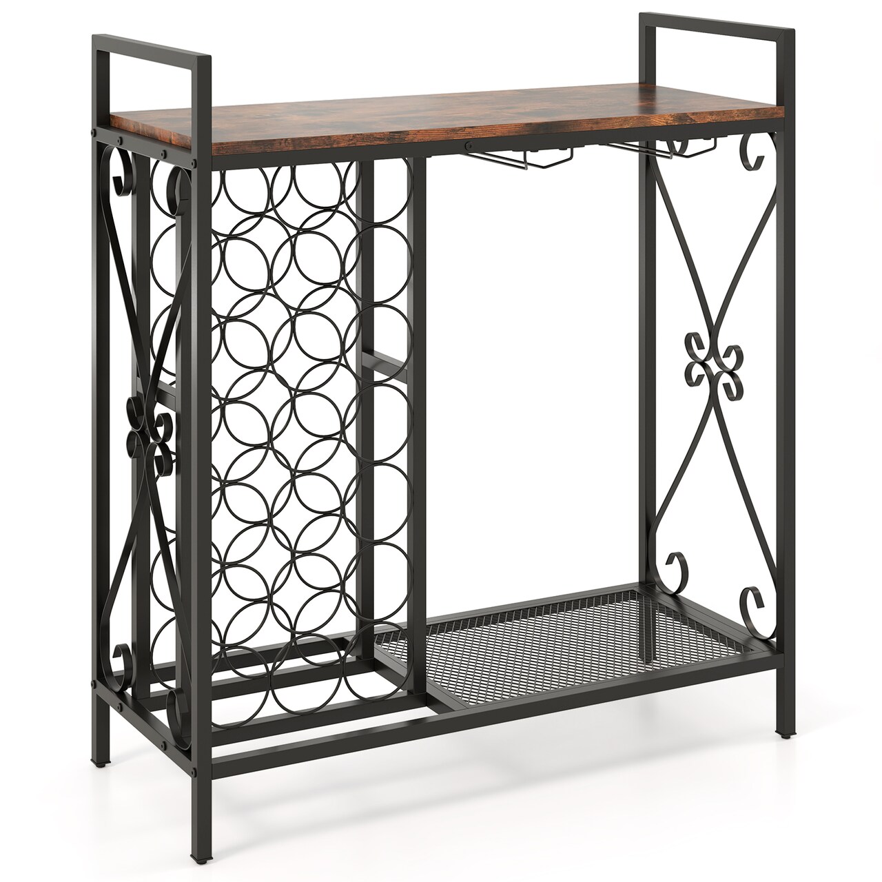 Rustic Brown Freestanding 21 Wine Bottle Organizer with Glass Holder and Metal Frame